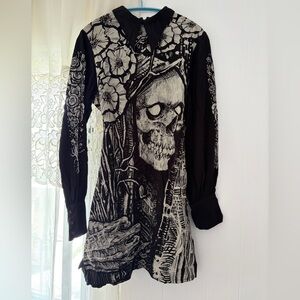 Killstar Weird Tales Monochromatic Skull Graphic Long-Sleeve Mini Dress Size XL